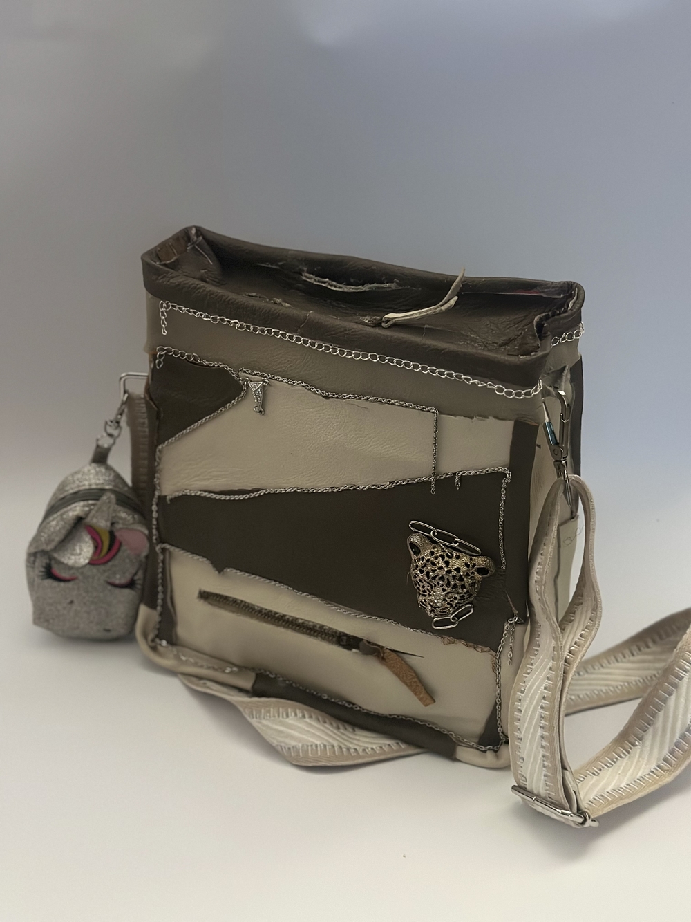 Patchwork Gray and Cream Crossbody Bag with Leopard Accent